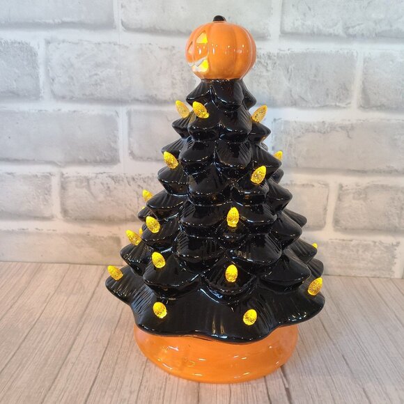 Halloween Ceramic Lighted Tree Pumpkin Jackolantern Black Orange Holiday Decor - Picture 2 of 12